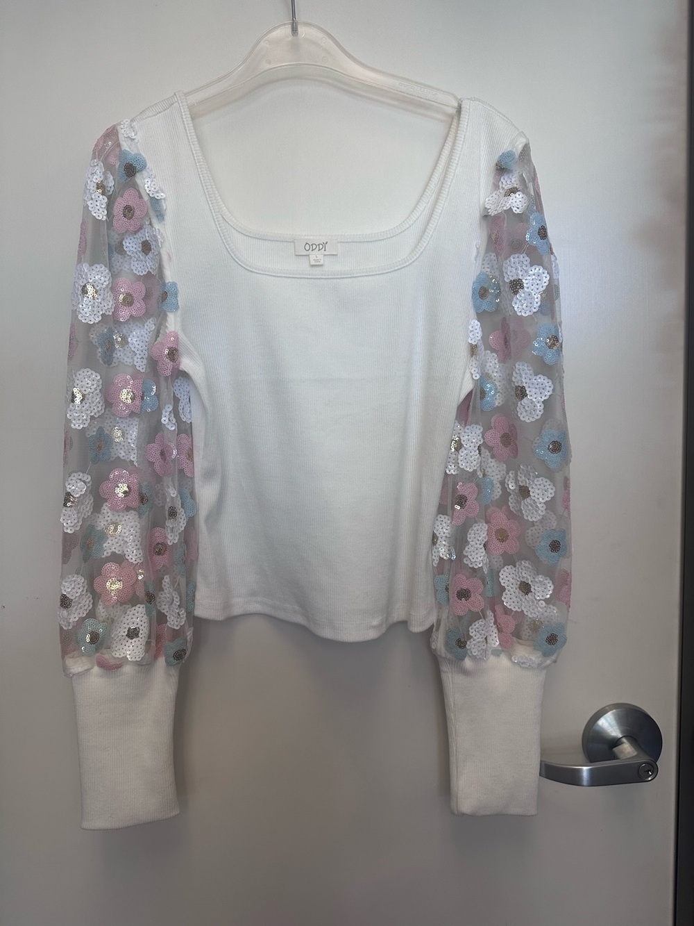 ODDY White Knit Top with Pink and Blue Sequin Floral Puff Sleeves